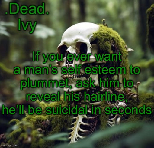 . | If you ever want a man’s self esteem to plummet, ask him to reveal his hairline, he’ll be suicidal in seconds | image tagged in dead template | made w/ Imgflip meme maker