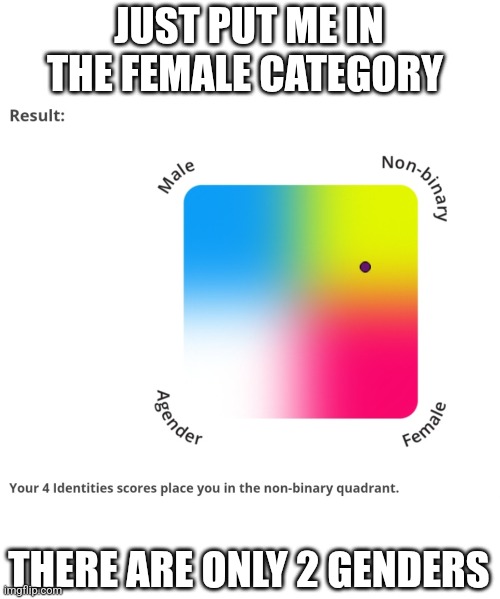 I'm closer to female so just put me there, like what's the point of the other 2 quadrants? | JUST PUT ME IN THE FEMALE CATEGORY; THERE ARE ONLY 2 GENDERS | made w/ Imgflip meme maker