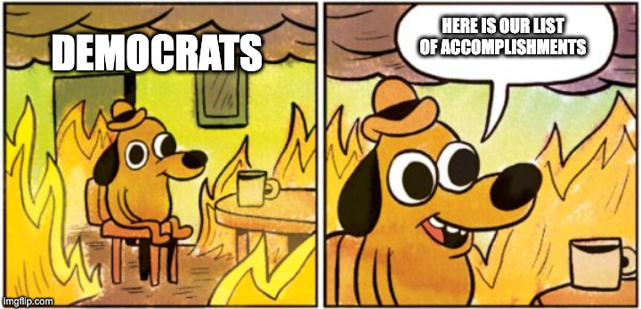 burning dog | DEMOCRATS; HERE IS OUR LIST OF ACCOMPLISHMENTS | image tagged in burning dog | made w/ Imgflip meme maker