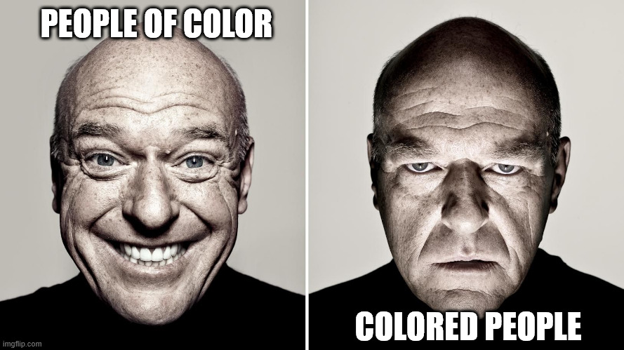 Both kind of sound the same, but somehow, they're not. | PEOPLE OF COLOR; COLORED PEOPLE | image tagged in dean norris's reaction | made w/ Imgflip meme maker