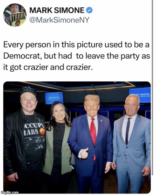 Kinda tells you all you need to know about the Democrat Party... | image tagged in elon musk,tulsi gabbard,donald trump,rfk jr,gone,democrat party | made w/ Imgflip meme maker