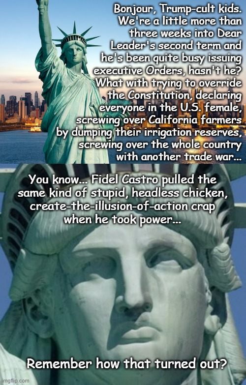Une petite leçon de histoire | Bonjour, Trump-cult kids.
We're a little more than
three weeks into Dear
Leader's second term and
he's been quite busy issuing
executive Orders, hasn't he?
What with trying to override
the Constitution, declaring
everyone in the U.S. female,
screwing over California farmers
by dumping their irrigation reserves,
screwing over the whole country
with another trade war... You know... Fidel Castro pulled the
same kind of stupid, headless chicken,
create-the-illusion-of-action crap
when he took power... Remember how that turned out? | image tagged in statue of liberty,trump unfit unqualified dangerous | made w/ Imgflip meme maker