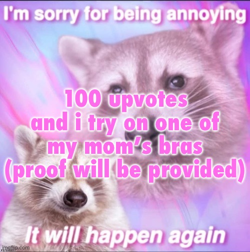 sorry for being annoying | 100 upvotes and i try on one of my mom’s bras (no proof will be provided) | image tagged in sorry for being annoying | made w/ Imgflip meme maker