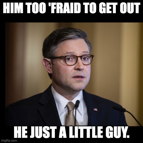 mike johnson, speaker of the house | HIM TOO 'FRAID TO GET OUT; HE JUST A LITTLE GUY. | image tagged in mike johnson | made w/ Imgflip meme maker