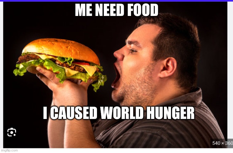 hunger | ME NEED FOOD; I CAUSED WORLD HUNGER | image tagged in funny | made w/ Imgflip meme maker