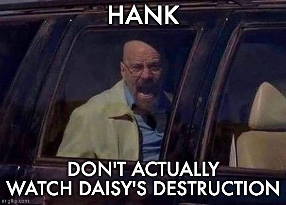 Walter White Screaming At Hank | HANK; DON'T ACTUALLY WATCH DAISY'S DESTRUCTION | image tagged in walter white screaming at hank | made w/ Imgflip meme maker