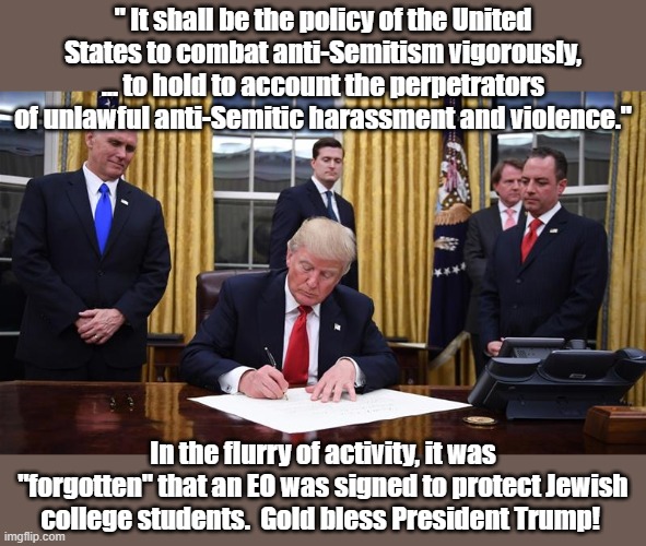 Trump executive order | " It shall be the policy of the United States to combat anti-Semitism vigorously, ... to hold to account the perpetrators of unlawful anti-Semitic harassment and violence."; In the flurry of activity, it was "forgotten" that an EO was signed to protect Jewish college students.  Gold bless President Trump! | image tagged in trump executive order | made w/ Imgflip meme maker