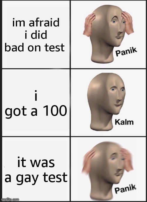 Panik Kalm Panik | im afraid i did bad on test; i got a 100; it was a gay test | image tagged in memes,panik kalm panik | made w/ Imgflip meme maker