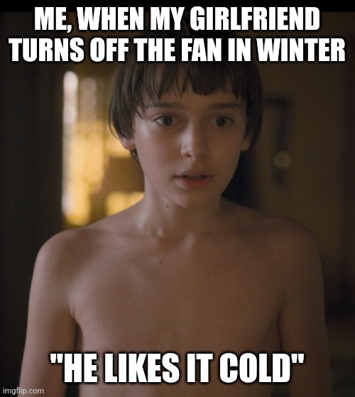 I run hot | ME, WHEN MY GIRLFRIEND TURNS OFF THE FAN IN WINTER; "HE LIKES IT COLD" | image tagged in he likes it cold,stranger things,will byers,winter,fan,memes | made w/ Imgflip meme maker