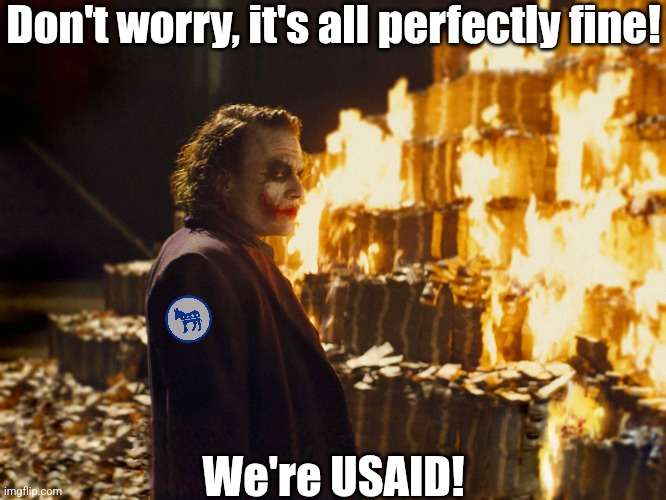 The Democrat wet dream known as USAID is about to dry up! | Don't worry, it's all perfectly fine! We're USAID! | image tagged in joker burning money,usaid,democrats,stupid liberals,liberal hypocrisy,injustice | made w/ Imgflip meme maker