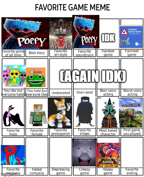 My opinions | IDK; (AGAIN IDK) | image tagged in favorite game meme,tier list,opinion,poppy playtime,minecraft,sprunki | made w/ Imgflip meme maker