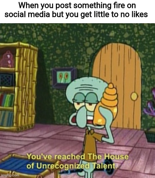 I feel like my FB friends and  Instagram followers just aren't online as much as I am, especially now with everything that's goi | When you post something fire on social media but you get little to no likes | image tagged in you've reached the house of unrecognized talent,memes,lol,i might be lame | made w/ Imgflip meme maker