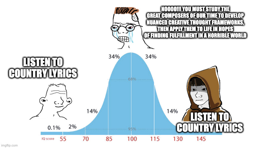 Country Music Based | NOOOO!!! YOU MUST STUDY THE GREAT COMPOSERS OF OUR TIME TO DEVELOP NUANCED CREATIVE THOUGHT FRAMEWORKS, THEN APPLY THEM TO LIFE IN HOPES OF FINDING FULFILLMENT IN A HORRIBLE WORLD; LISTEN TO COUNTRY LYRICS; LISTEN TO COUNTRY LYRICS | image tagged in midwit memes | made w/ Imgflip meme maker