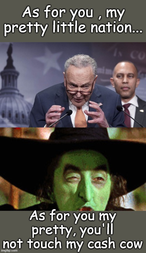 Finish your sentence Chuck, hopefully in prison... | As for you , my pretty little nation... As for you my pretty, you'll not touch my cash cow | image tagged in schumer,wicked witch | made w/ Imgflip meme maker