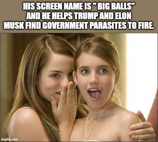 Funny!! | HIS SCREEN NAME IS " BIG BALLS" AND HE HELPS TRUMP AND ELON MUSK FIND GOVERNMENT PARASITES TO FIRE. | image tagged in girls gossiping,trump,elon musk,government | made w/ Imgflip meme maker