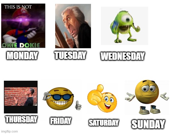 the days of a week | WEDNESDAY; TUESDAY; MONDAY; THURSDAY; SATURDAY; FRIDAY; SUNDAY | image tagged in funny,upvote week | made w/ Imgflip meme maker