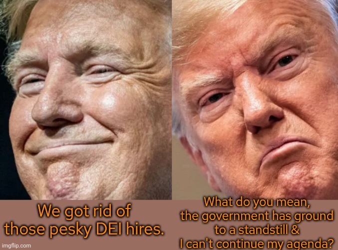 Maybe disposing of those who know what they were doing wasn't such a good idea. | What do you mean, the government has ground to a standstill & I can't continue my agenda? We got rid of those pesky DEI hires. | image tagged in happy trump sad trump,consequences,discrimination,civil rights | made w/ Imgflip meme maker