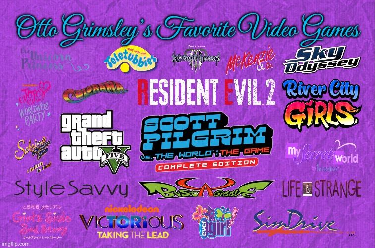 Otto Grimsley's Favorite Video Games | Otto Grimsley’s Favorite Video Games | image tagged in generic purple background,grand theft auto,resident evil,scott pilgrim,kingdom hearts,video games | made w/ Imgflip meme maker