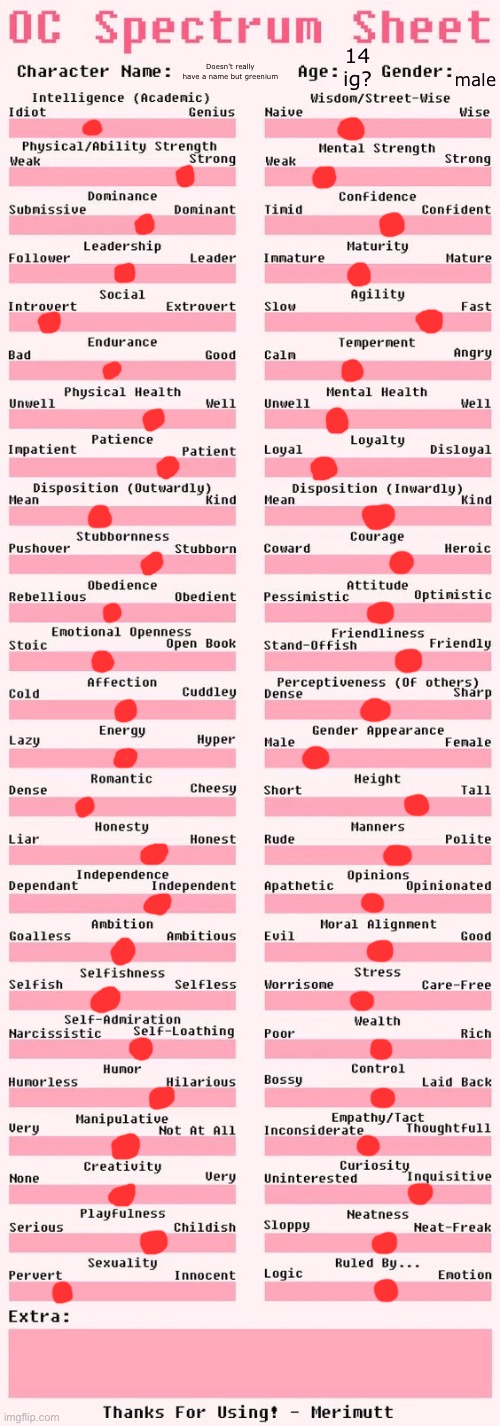 Spectrum sheet | 14 ig? male; Doesn’t really have a name but greenium | image tagged in spectrum sheet | made w/ Imgflip meme maker