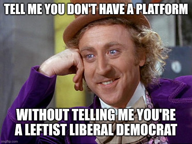 Big Willy Wonka Tell Me Again | TELL ME YOU DON'T HAVE A PLATFORM WITHOUT TELLING ME YOU'RE A LEFTIST LIBERAL DEMOCRAT | image tagged in big willy wonka tell me again | made w/ Imgflip meme maker