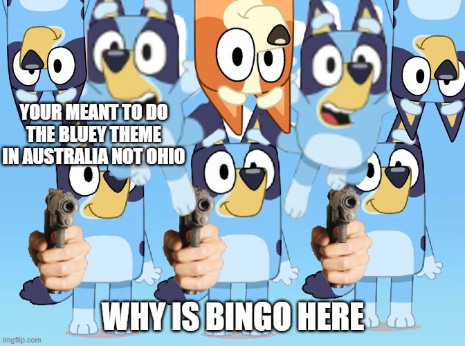 Bluey In Ohio | YOUR MEANT TO DO THE BLUEY THEME IN AUSTRALIA NOT OHIO; WHY IS BINGO HERE | image tagged in why,bluey,dogoventures | made w/ Imgflip meme maker