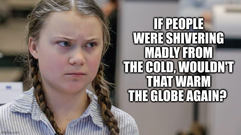 Pissedoff Greta | IF PEOPLE WERE SHIVERING MADLY FROM THE COLD, WOULDN'T THAT WARM THE GLOBE AGAIN? | image tagged in pissedoff greta | made w/ Imgflip meme maker