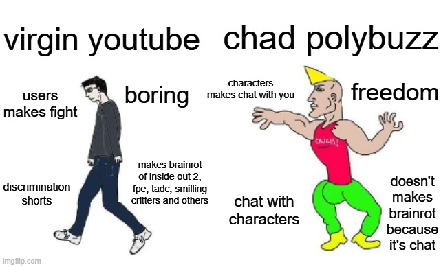 Virgin youtube vs Chad polybuzz | chad polybuzz; virgin youtube; characters makes chat with you; freedom; boring; users makes fight; makes brainrot of inside out 2, fpe, tadc, smilling critters and others; discrimination shorts; doesn't makes brainrot because it's chat; chat with characters | image tagged in virgin vs chad,youtube,polybuzz | made w/ Imgflip meme maker