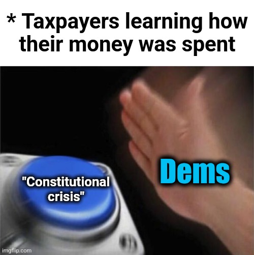 "It's a constitutional crisis!" | * Taxpayers learning how
their money was spent; Dems; "Constitutional
crisis" | image tagged in memes,blank nut button,democrats,wasteful government spending,doge,trump derangement syndrome | made w/ Imgflip meme maker