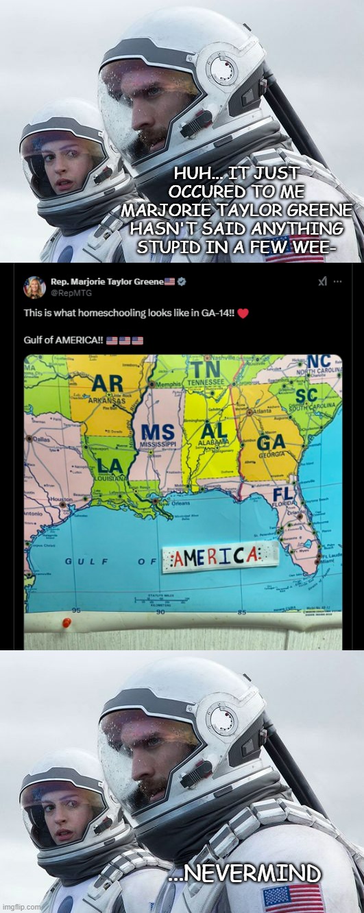 HUH... IT JUST OCCURED TO ME MARJORIE TAYLOR GREENE HASN'T SAID ANYTHING STUPID IN A FEW WEE-; ...NEVERMIND | image tagged in interstellar-7-year-waiting | made w/ Imgflip meme maker