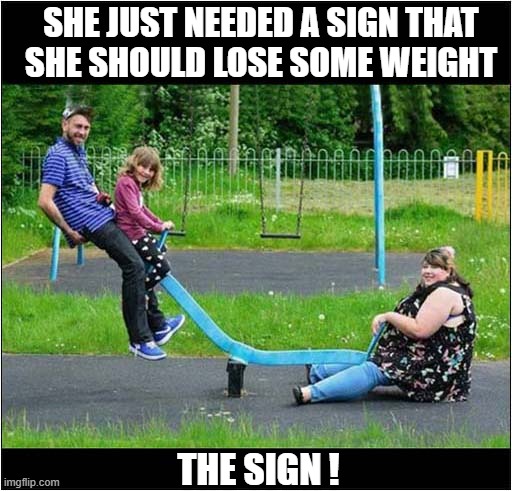 This Made Me Laugh ! | SHE JUST NEEDED A SIGN THAT
SHE SHOULD LOSE SOME WEIGHT; THE SIGN ! | image tagged in obesity,sign,see saw,dark humour | made w/ Imgflip meme maker