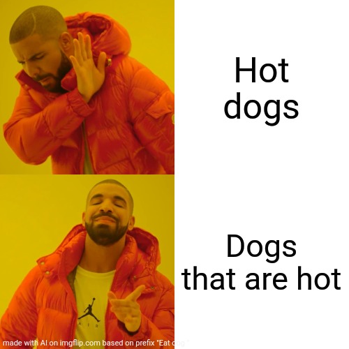 Kk | Hot dogs; Dogs that are hot | image tagged in memes,drake hotline bling | made w/ Imgflip meme maker