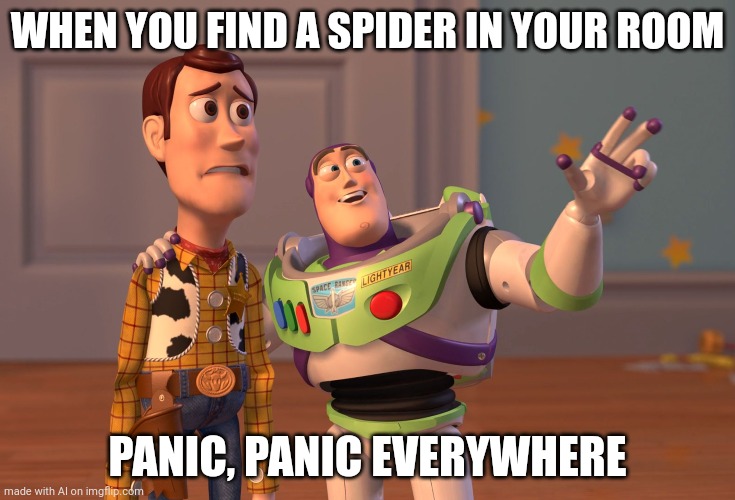 Hi | WHEN YOU FIND A SPIDER IN YOUR ROOM; PANIC, PANIC EVERYWHERE | image tagged in memes,x x everywhere | made w/ Imgflip meme maker