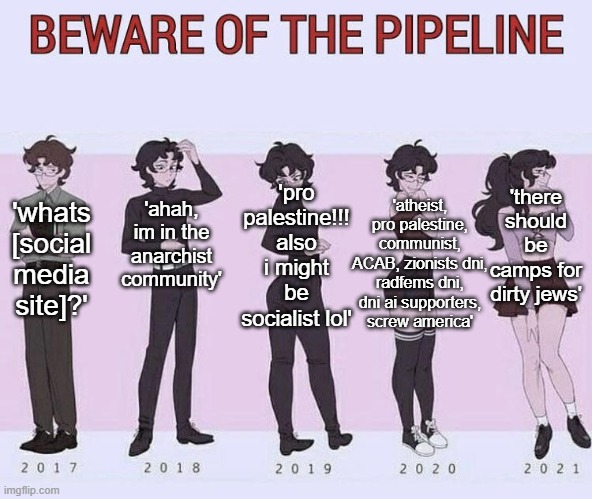 Beware of the pipeline | 'pro palestine!!! also i might be socialist lol'; 'there should be camps for dirty jews'; 'atheist, pro palestine, communist, ACAB, zionists dni, radfems dni, dni ai supporters, screw america'; 'whats [social media site]?'; 'ahah, im in the anarchist community' | image tagged in beware of the pipeline | made w/ Imgflip meme maker
