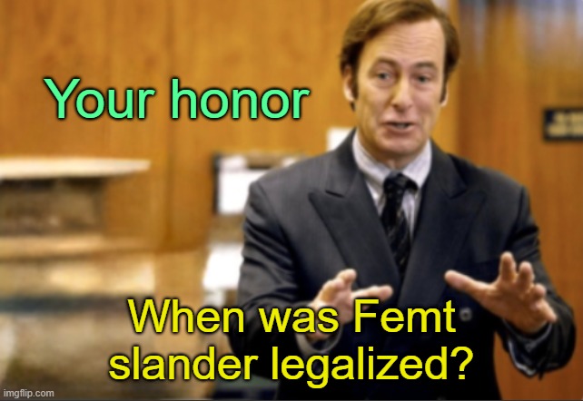 . | Your honor; When was Femt slander legalized? | image tagged in saul goodman defending | made w/ Imgflip meme maker