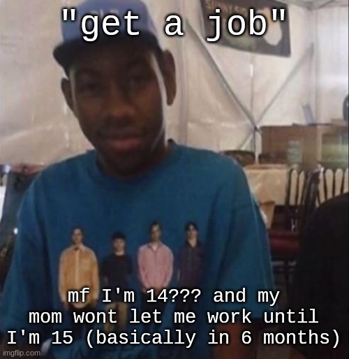 Weezer the Creator | "get a job"; mf I'm 14??? and my mom wont let me work until I'm 15 (basically in 6 months) | image tagged in weezer the creator | made w/ Imgflip meme maker