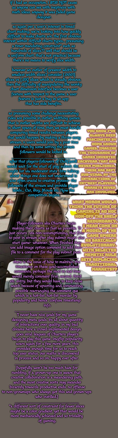 not sure if what an unemployable game designer does in spare time or esoterica math teacher is more embarrassing | if i had an occupation. i DID NOT cause

 as anyone can see with ineptness with 

math ideas. anyway it was failed game
 designer.
______________________________
so again per a user's interest in timed

 chart making. we're looking into how quickly

 difficult to make charts are. the first obvious

 interest within difficult charts types... presuming 

a timer mandating constraint* such as

 hundreds of slices?? well that should be

 a uniform chart. that's not practical because

 there's no means to verify slice width.
______________________________
 however an outlier of greatest width to

 smallest width slices? consider {.0001} 

slices vs {.0X} slices which is visually obvious.

 then the difficulty of manipulating the wonky

 chart dimension interface becomes a user

 feature with respect to the game. a user

 feature is just a bug in an app 

that has side benefits.
______________________________

so presuming some challenge necessitating

 rules are possible in outlier widthing games.

 that is outlier widths are difficult to achieve

 in short spans of time. then we must handle

 comparing timed results between players.

 that would happen by making a throw away

 stream. n users would join by a post time

 and then by some setting the stream

 followers would be locked in. 
______________________________

after that players-followers of OuRGamE

 would wait for the start of play submit. this 

might list via moderator stats -btw talking

 about things one does not understand is 

also often crucial to creative process- the 

followers of the stream and provide player 

labels... Cat, Dog, Mouse etc. Now the

 competition begins. YOU KNOW I'VE 
ALWAYS BEEN 
FASCINATED BY
 HOME GROWN
 GAMES. IMAGINE
 THE THOUSANDS OF 
GAMES INVENTED 
EACHYEAR THAT ARE
 NEVER PUBLISHED. 
THESE ARE KEPT 
SUB-VIRAL BY THE
 INTERACTIONS OF 
INT'REST PLAYERS.
 MARKETS NEVER 
ARE INVOLVED. WHAT MORON WOULD 
THINK THE FUTURE OF 
GAMING IS AD HOC 
NON-OFF THE SHELF
 REDUNDANCY.
 I MEAN COME ON
 A MODEL OF THE 
GAME SPHERE 
AS BASICALLY 
EVOLUTIONARY. 
WITH SELECTED 
MEMETIC RULE 
SETS REPLACING
 TRADITIONAL 
MARKETS?? Player-followers aka Charters begin 

making their charts as fast as possible. It

 just occurs -via non-assumptioning, that first 

to post in stream after play submit might also

 start game- whatever. When finished they 

use add image option comment to add their 

file to a comment for the play submit post. 
______________________________

there is the issue of how to maintain the

 timestamp on these goal-accomplished

 comments. perhaps the mod in real time

 would merely comment first, second, third 

etc. entry. but they would have to keep close 

watch because of upvoting and commenting

 possible rearranging the comment que 

which is a hot-list. hot-list reorder by 

popularity and hence  confuse timestamp

 info.
______________________________

I never have nice goals for my game

 designing meta goals. its all about quantity

 of interactions over quality. in my bad 

dreams here a crowd-implemented design

 goes viral. leagues of Charters players

 begin to play this game. imgflip popularity

 soars again for a few more years. this

 provides enough time for us to reach 

top user status. our maths is discovered 

in process and so on. happy ever after.
______________________________

 (hopefully won't be too much hate for 

rambling. if a grown-up one is aware that 

creative collaboration is a meandering path.

 and the most creative sorts may meander

 bizarrely towards productive ends. no offense

 to non-grownups who always got this and grown-ups 

who instilled.)
______________________________

*a different sort of constraint for fewer slices

 might be a color gradient. yet that would be 

more mechanically achieved and so triviality

 of gaming. | image tagged in memes,the rock driving,game,charts,thursday,______ | made w/ Imgflip meme maker