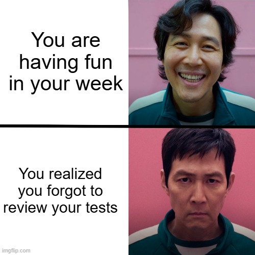 dont forget your test | You are having fun in your week; You realized you forgot to review your tests | image tagged in squid game season 1 vs season 2 | made w/ Imgflip meme maker