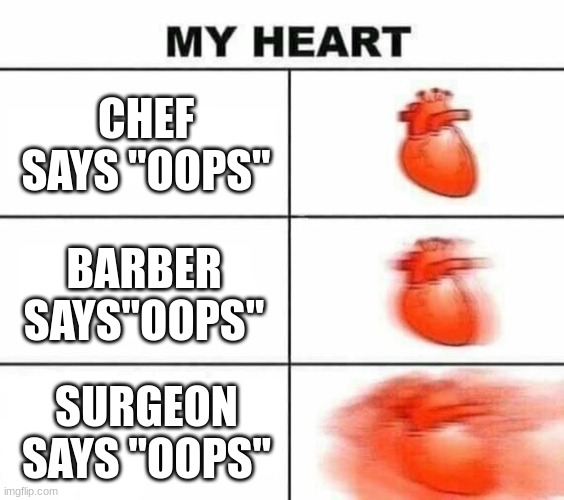 Uh Oh | CHEF SAYS "OOPS"; BARBER SAYS"OOPS"; SURGEON SAYS "OOPS" | image tagged in my heart blank | made w/ Imgflip meme maker