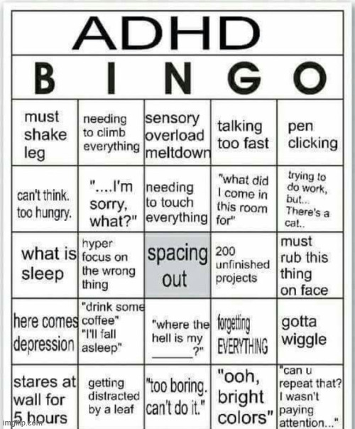 adhd bingo | image tagged in adhd bingo | made w/ Imgflip meme maker