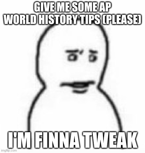 excuse me | GIVE ME SOME AP WORLD HISTORY TIPS (PLEASE); I'M FINNA TWEAK | image tagged in excuse me | made w/ Imgflip meme maker