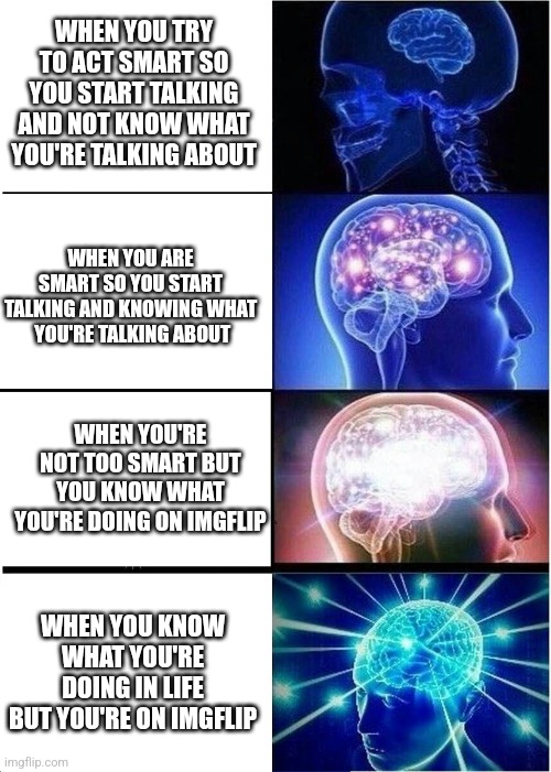 Um sorry what are you talking about? | WHEN YOU TRY TO ACT SMART SO YOU START TALKING AND NOT KNOW WHAT YOU'RE TALKING ABOUT; WHEN YOU ARE SMART SO YOU START TALKING AND KNOWING WHAT  YOU'RE TALKING ABOUT; WHEN YOU'RE NOT TOO SMART BUT YOU KNOW WHAT YOU'RE DOING ON IMGFLIP; WHEN YOU KNOW WHAT YOU'RE DOING IN LIFE BUT YOU'RE ON IMGFLIP | image tagged in memes,expanding brain | made w/ Imgflip meme maker