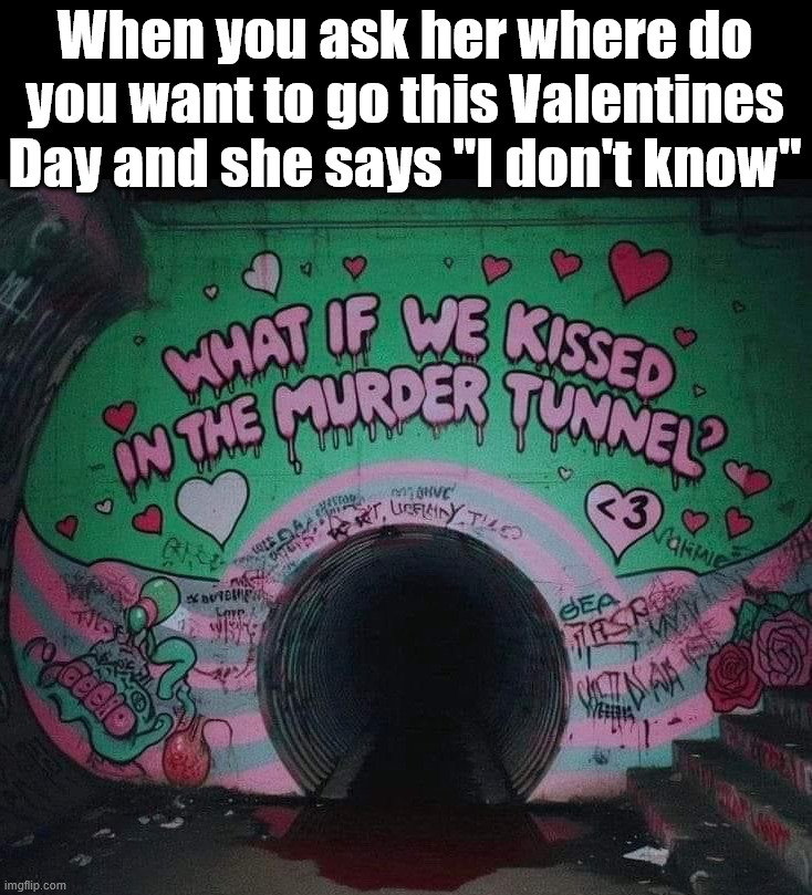 Maybe she will know the next time ... If there is one .... | When you ask her where do you want to go this Valentines Day and she says "I don't know" | image tagged in valentine's day,light at the end of tunnel,places to go,idk girl | made w/ Imgflip meme maker