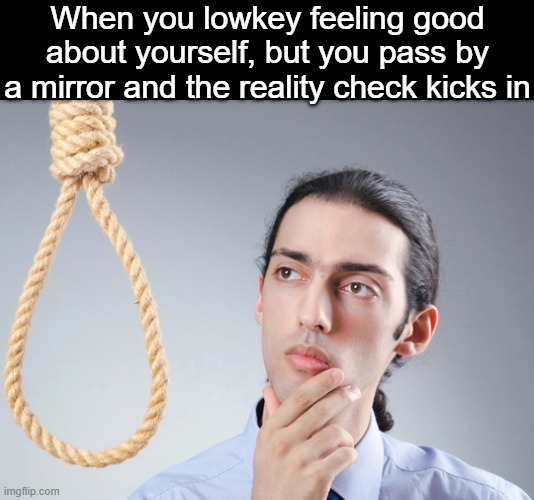 . | When you lowkey feeling good about yourself, but you pass by a mirror and the reality check kicks in | image tagged in hang myself harry | made w/ Imgflip meme maker