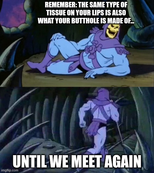 Let this sink in... | REMEMBER: THE SAME TYPE OF TISSUE ON YOUR LIPS IS ALSO WHAT YOUR BUTTHOLE IS MADE OF... UNTIL WE MEET AGAIN | image tagged in skeletor disturbing facts | made w/ Imgflip meme maker