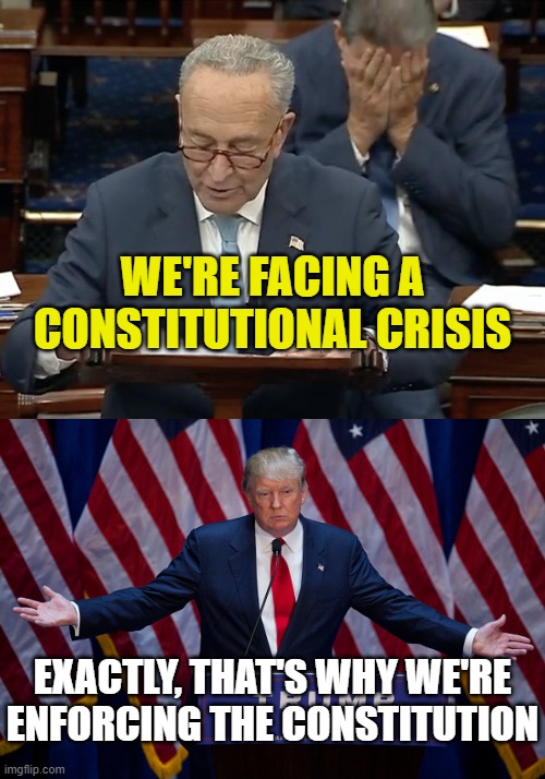 WE'RE FACING A CONSTITUTIONAL CRISIS; EXACTLY, THAT'S WHY WE'RE ENFORCING THE CONSTITUTION | image tagged in schumer manchin,donald trump | made w/ Imgflip meme maker