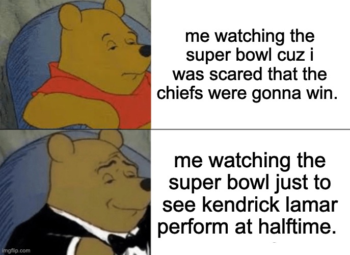 i had my reasons. | me watching the super bowl cuz i was scared that the chiefs were gonna win. me watching the super bowl just to see kendrick lamar perform at halftime. | image tagged in memes,tuxedo winnie the pooh | made w/ Imgflip meme maker