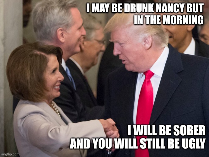 Trump Pelosi | I MAY BE DRUNK NANCY BUT 
IN THE MORNING; I WILL BE SOBER
AND YOU WILL STILL BE UGLY | image tagged in trump pelosi,funny memes | made w/ Imgflip meme maker