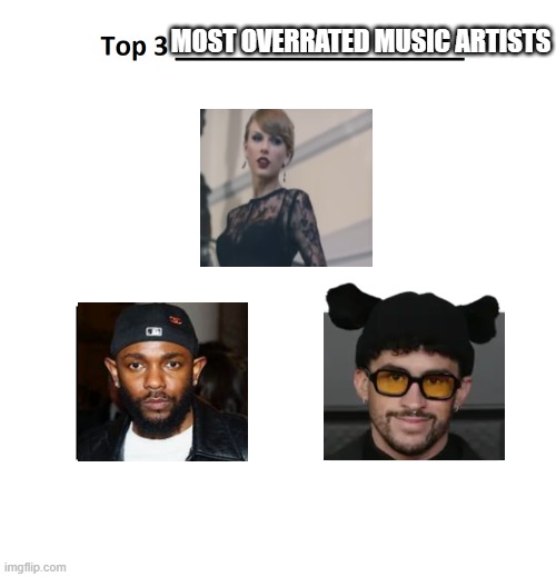 whether you disagree or agree it's true they are all ass | MOST OVERRATED MUSIC ARTISTS | image tagged in top 3 | made w/ Imgflip meme maker