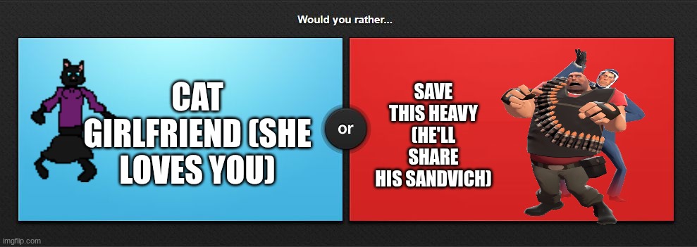 The easiest choice on the planet | CAT GIRLFRIEND (SHE LOVES YOU); SAVE THIS HEAVY (HE'LL SHARE HIS SANDVICH) | image tagged in would you rather | made w/ Imgflip meme maker