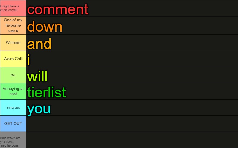 OsDe's Tierlist | comment; down; and; i; will; tierlist; you | image tagged in osde's tierlist | made w/ Imgflip meme maker
